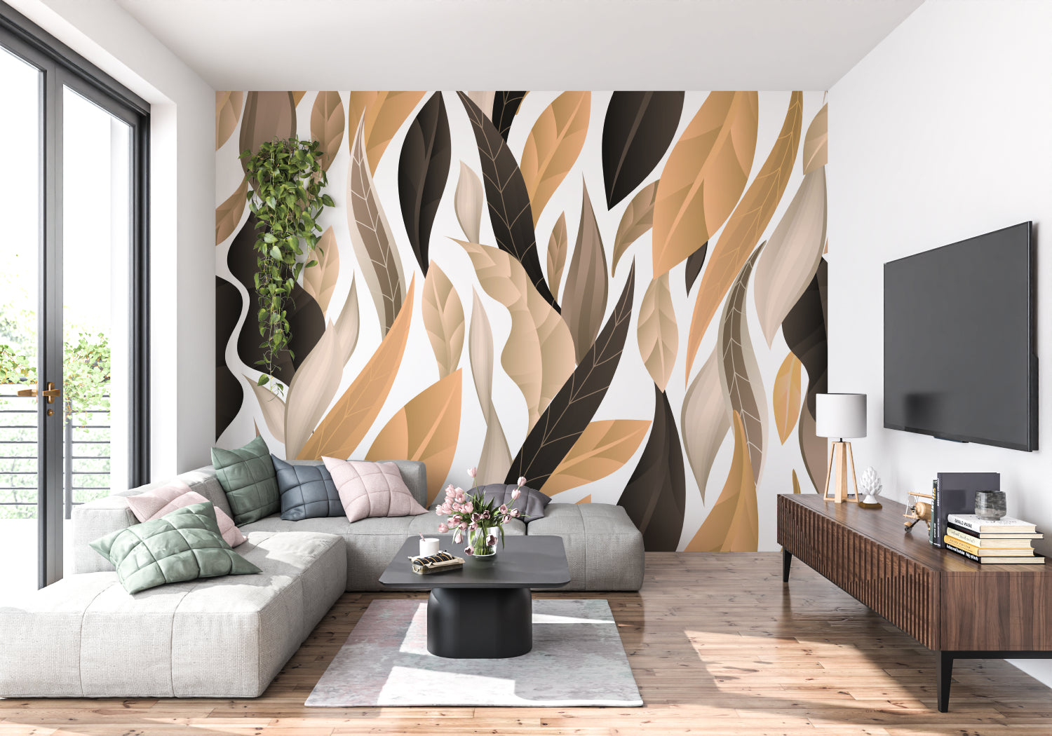 Black and beige leaf pattern mural in a contemporary dining room