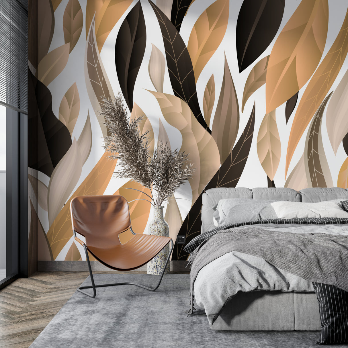 Botanical wall mural creating depth in a modern home office
