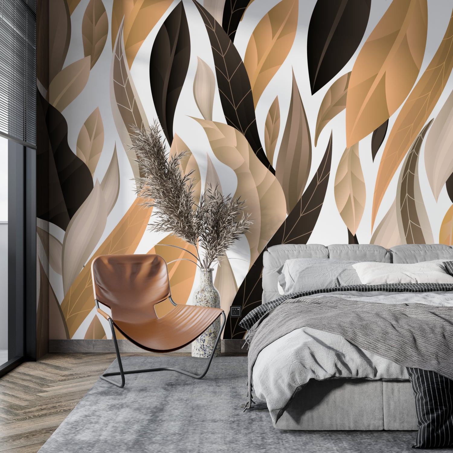 Botanical wall mural creating depth in a modern home office