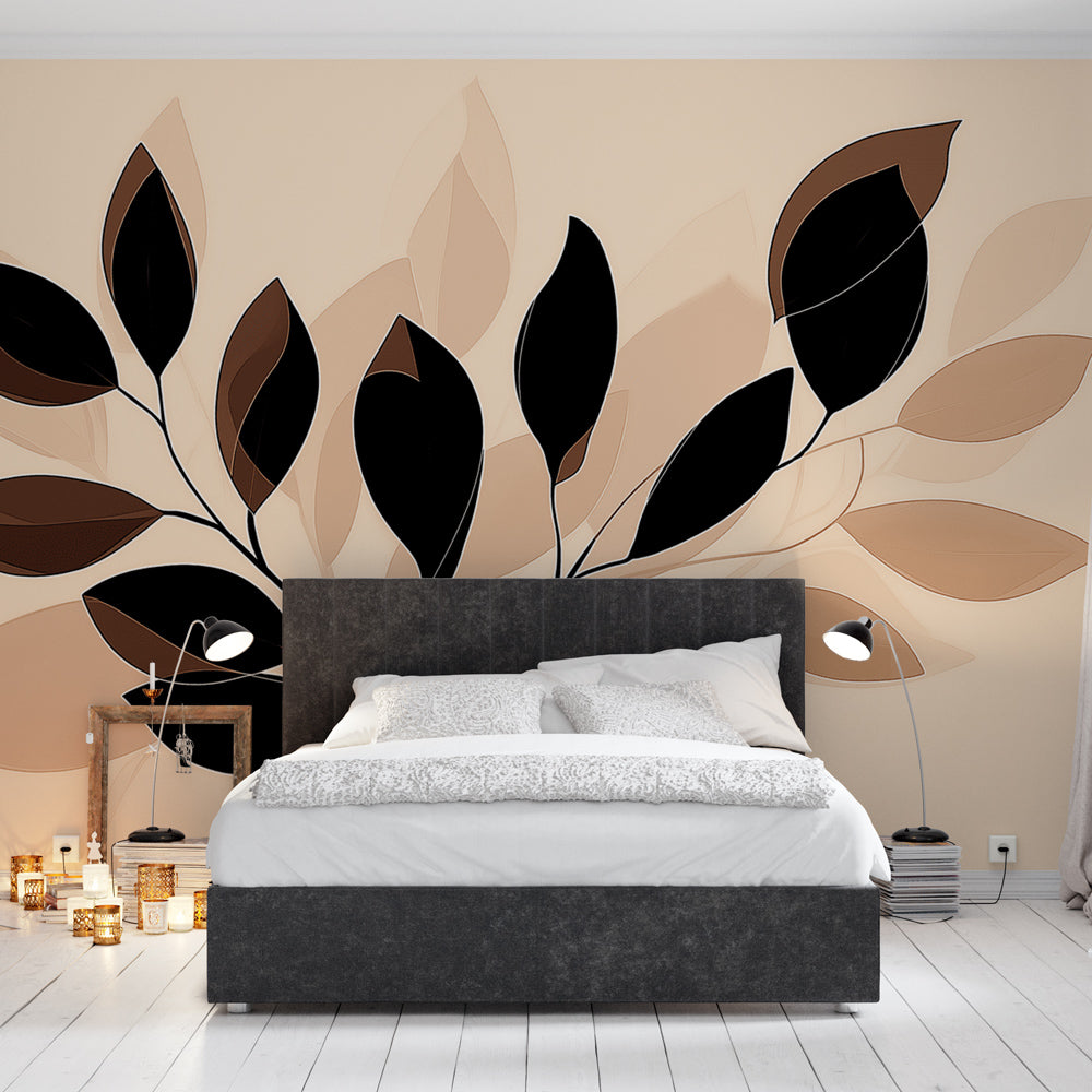 Modern leaf wallpaper creating a calm atmosphere in a minimalist living room with natural light and simple furniture