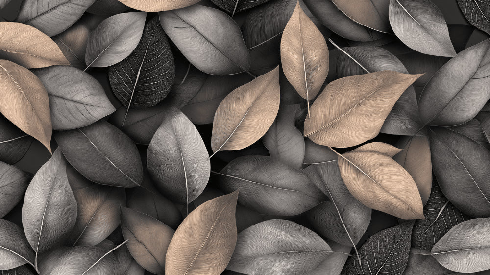Black and beige foliage wallpaper design file showing detailed leaf pattern and texture