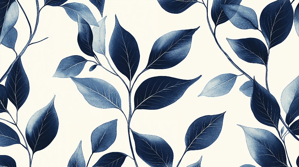 Blue and cream botanical leaf pattern design file showing detailed leaf veining and graceful gradients