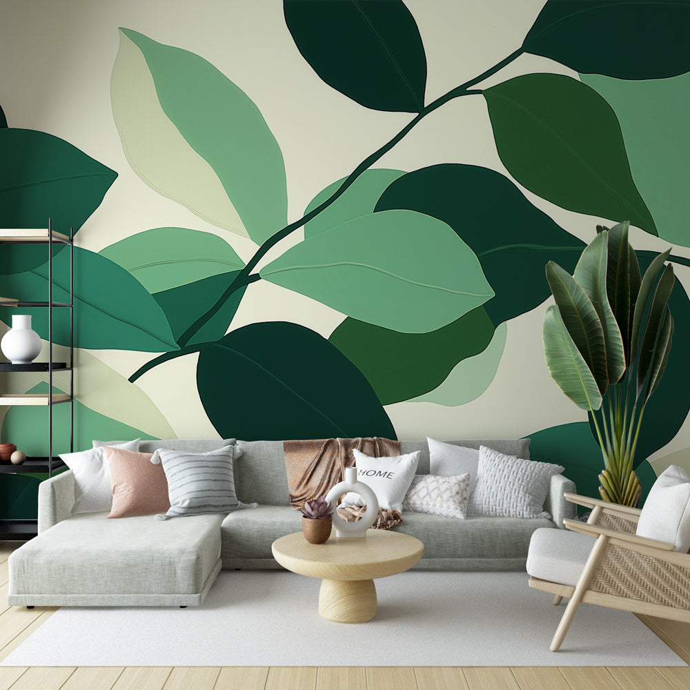 Modern Botanical Green Leaves Wallpaper creates a fresh atmosphere in a bright living room with minimalist furniture