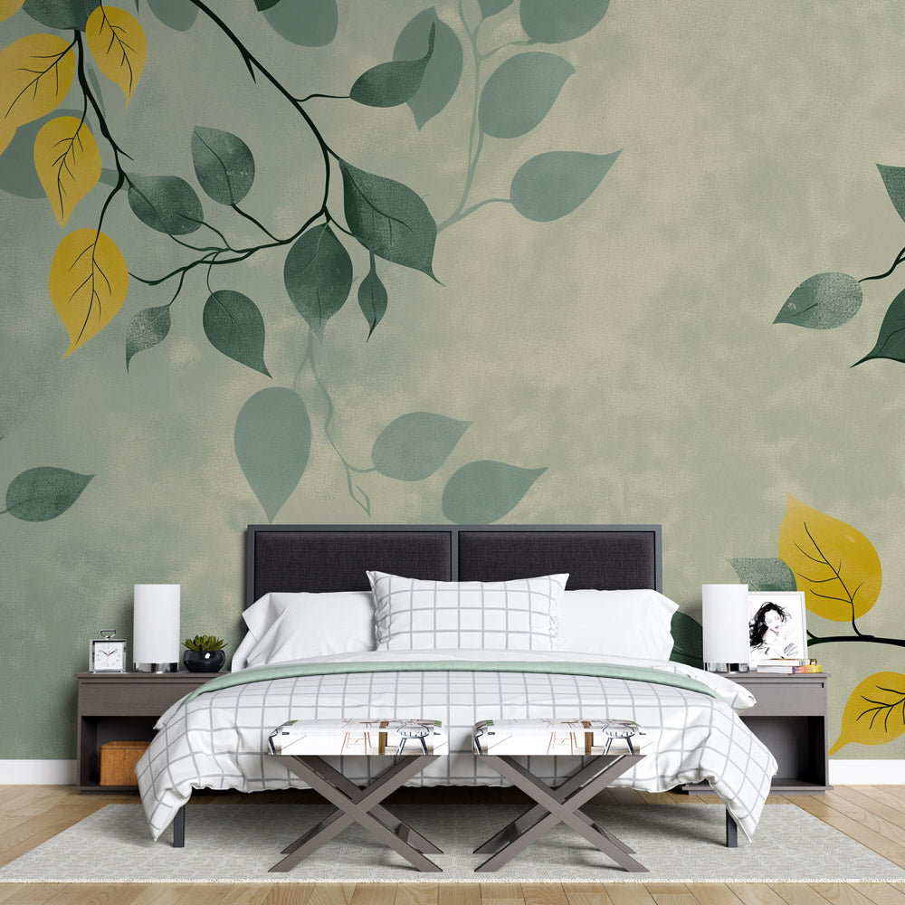 Modern botanical wallpaper in a bright living room showing green and yellow leaves pattern