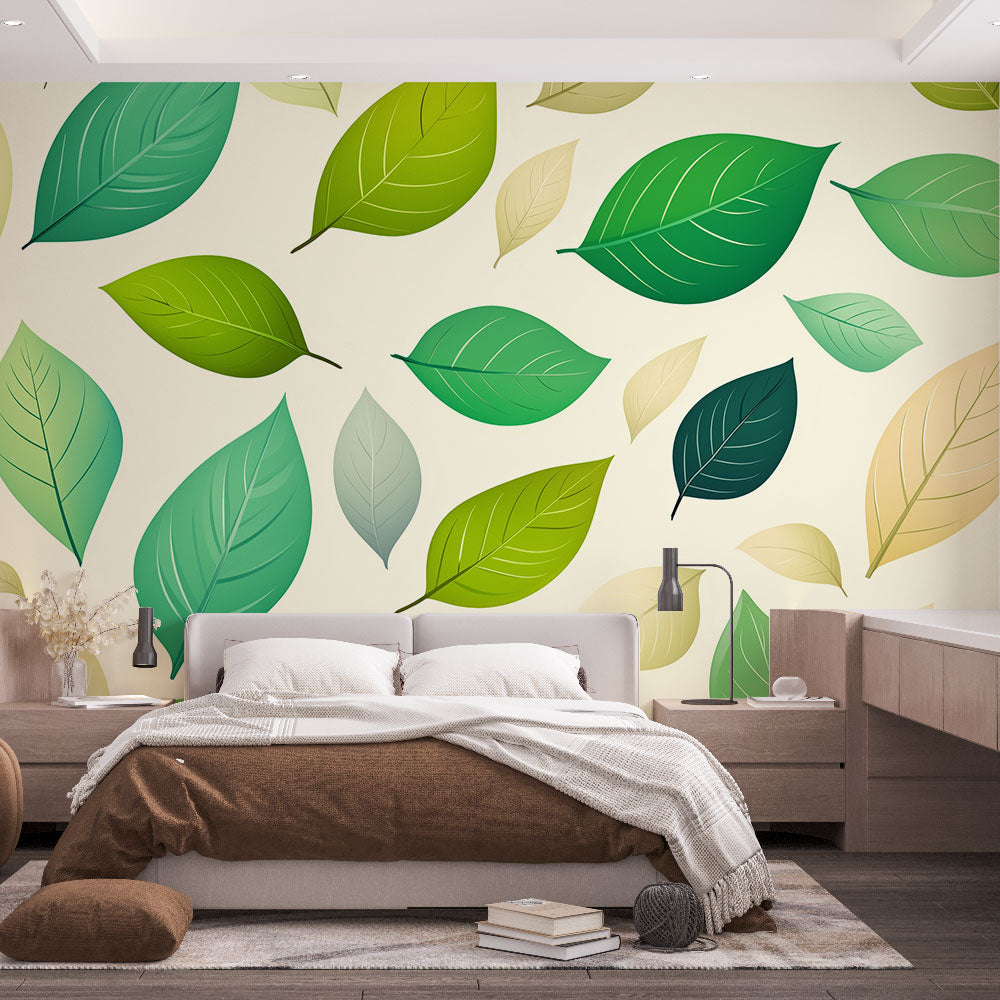 Modern green leaf wallpaper in bright living room showing botanical pattern bringing nature indoors