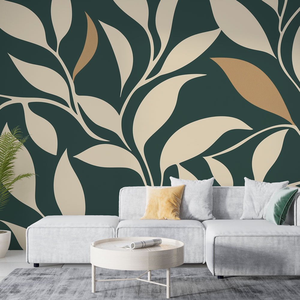 Modern Foliage Mural Wallpaper showcased in a bright living room, green and gold leaves creating depth against white furniture