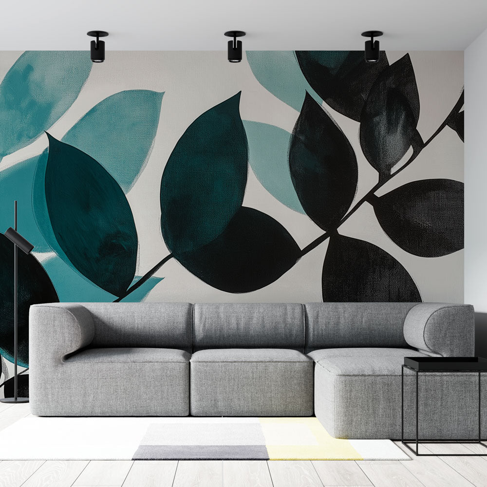 Modern teal and black leaf wallpaper creating a stunning accent wall in a bright contemporary living room
