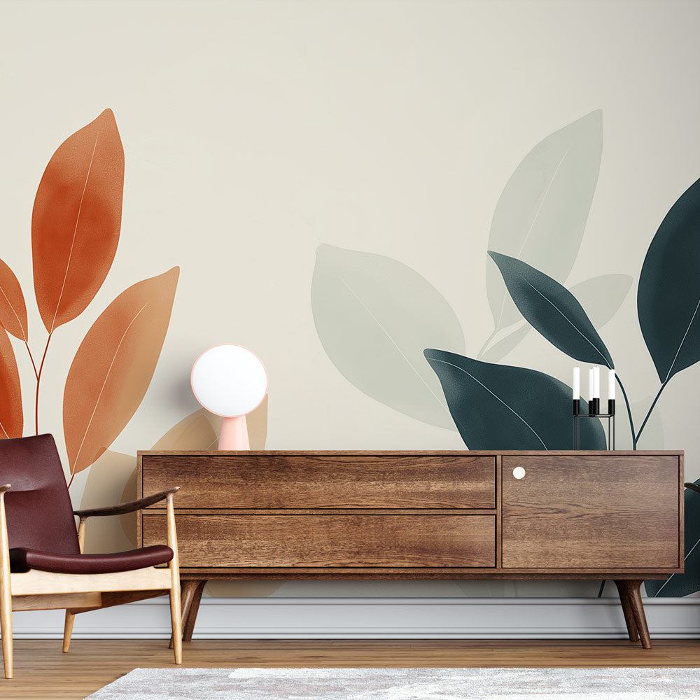 Modern botanical leaf wallpaper in terracotta and green tones creating a calm atmosphere in a bright living room