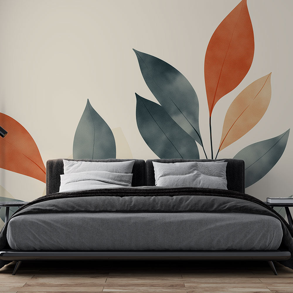 Modern botanical wallpaper with grey and terracotta leaves creating a cozy atmosphere in a bright living room
