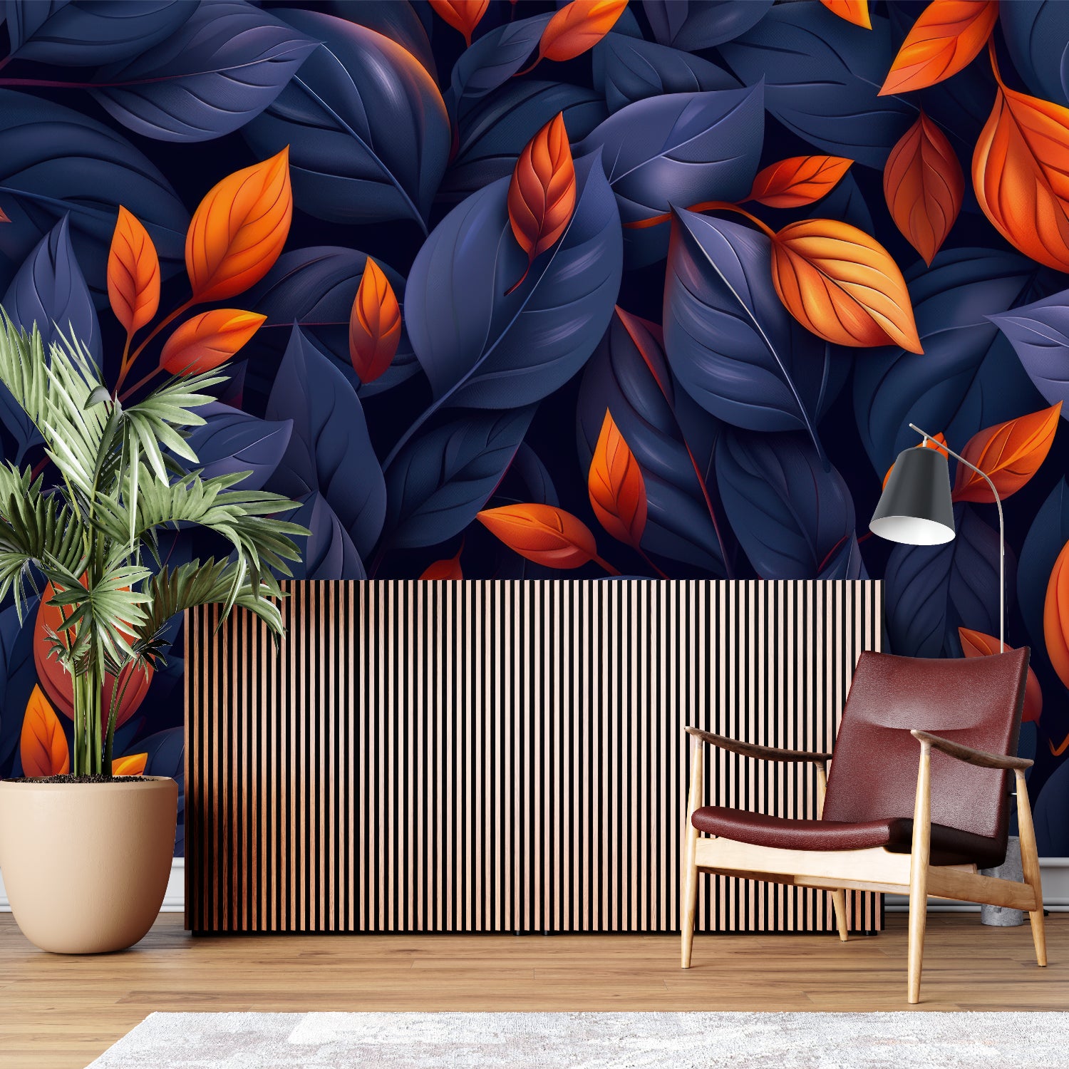 Navy blue and orange leaf wallpaper in modern living room with grey sofa and natural light