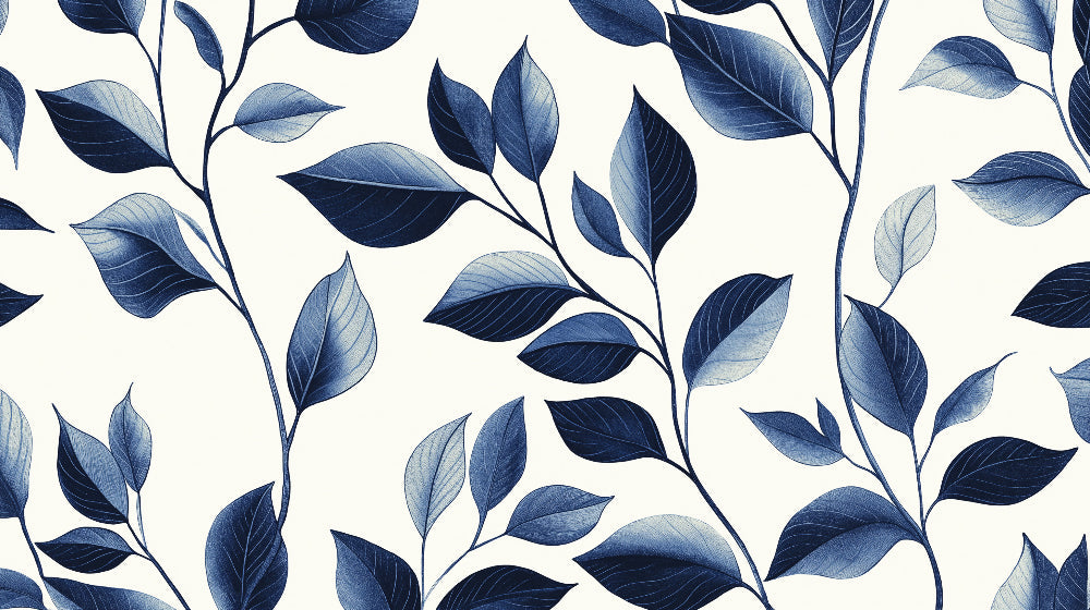 Botanical wallpaper design file showing navy blue leaves pattern on light background