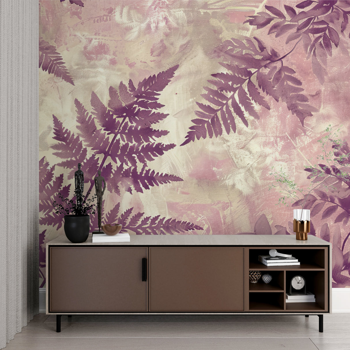 Purple Fern Wallpaper Mural in modern living room with grey sofa and natural light
