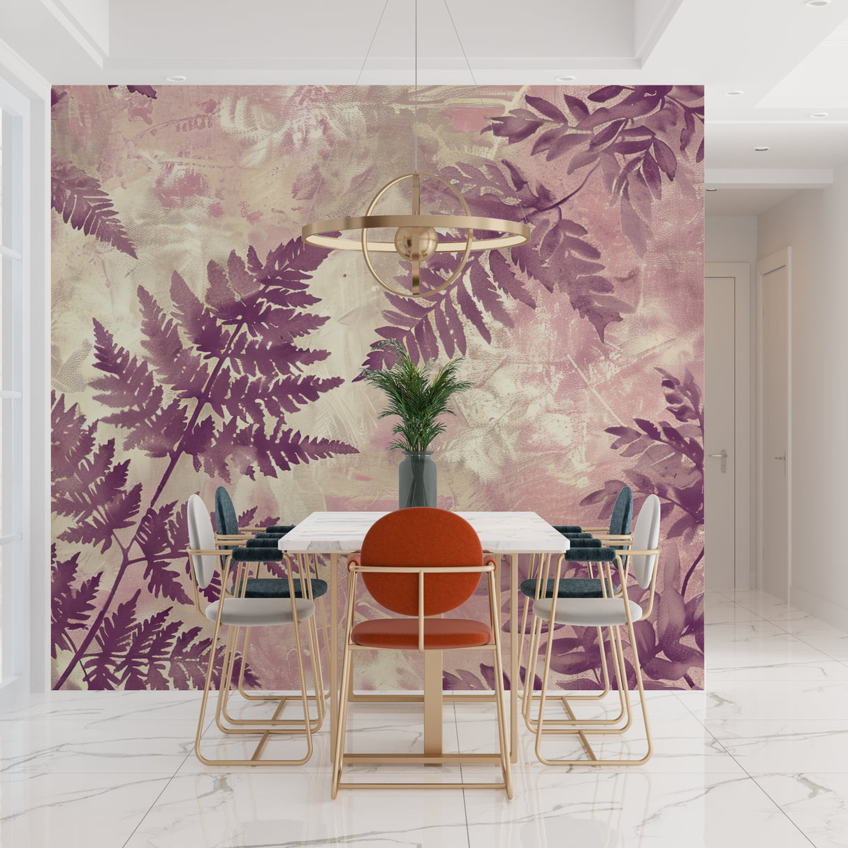 Botanical Purple Fern Mural in master bedroom creating peaceful atmosphere