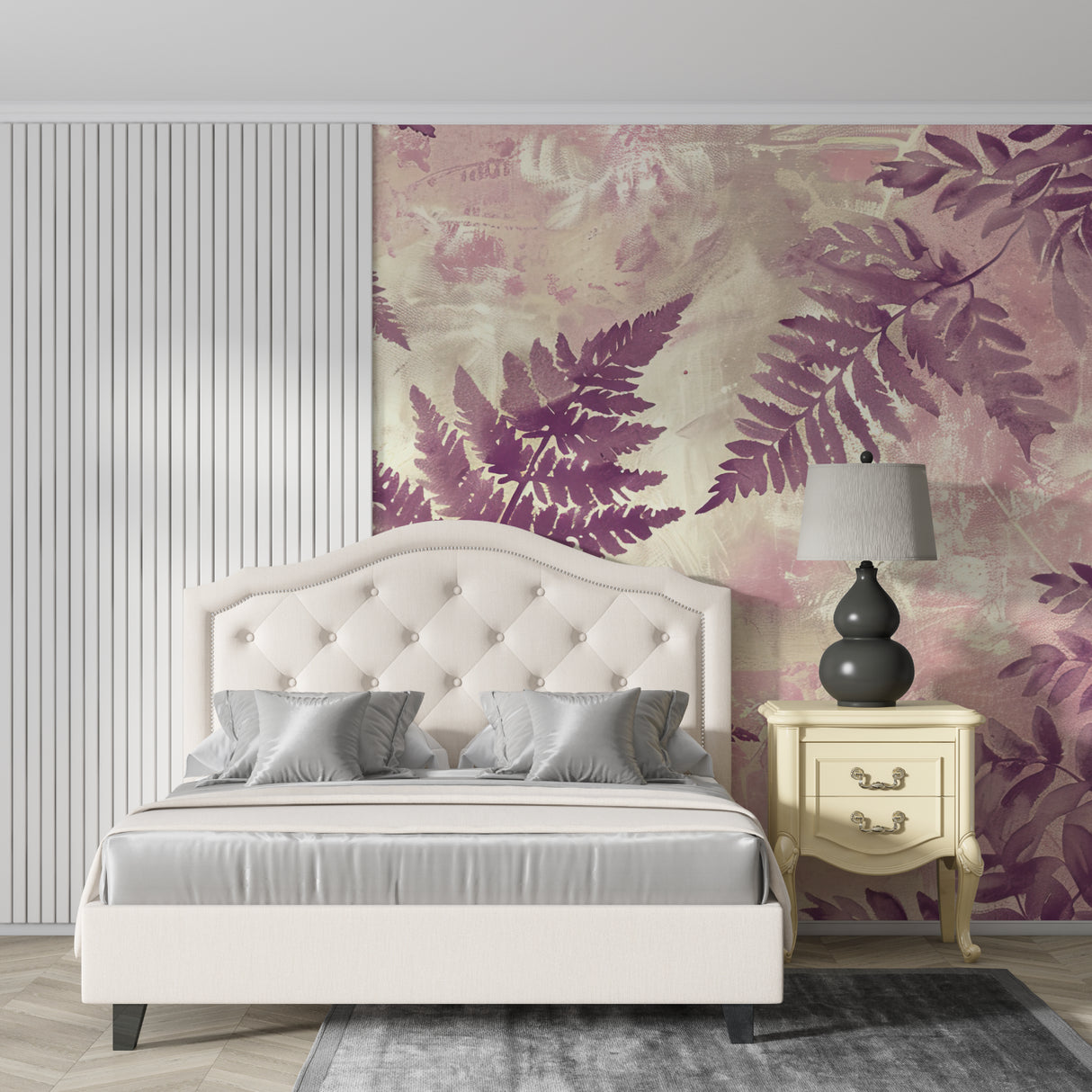 Purple Foliage Wallpaper in home office with wooden desk and chair