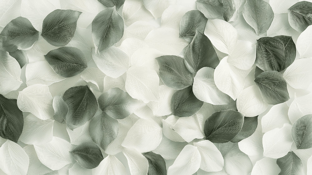 Botanical leaf wallpaper in sage green and white creating a peaceful atmosphere in a modern living room