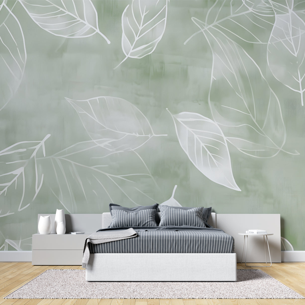 Botanical wallpaper in modern living room showing sage green leaf pattern creating depth