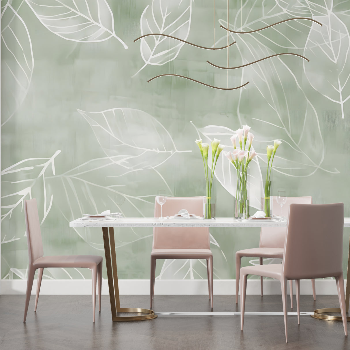 Sage green botanical mural in bright bedroom with white furniture