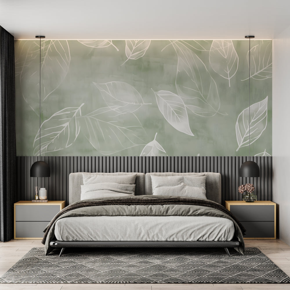 Dining room featuring white leaf pattern wallpaper on accent wall