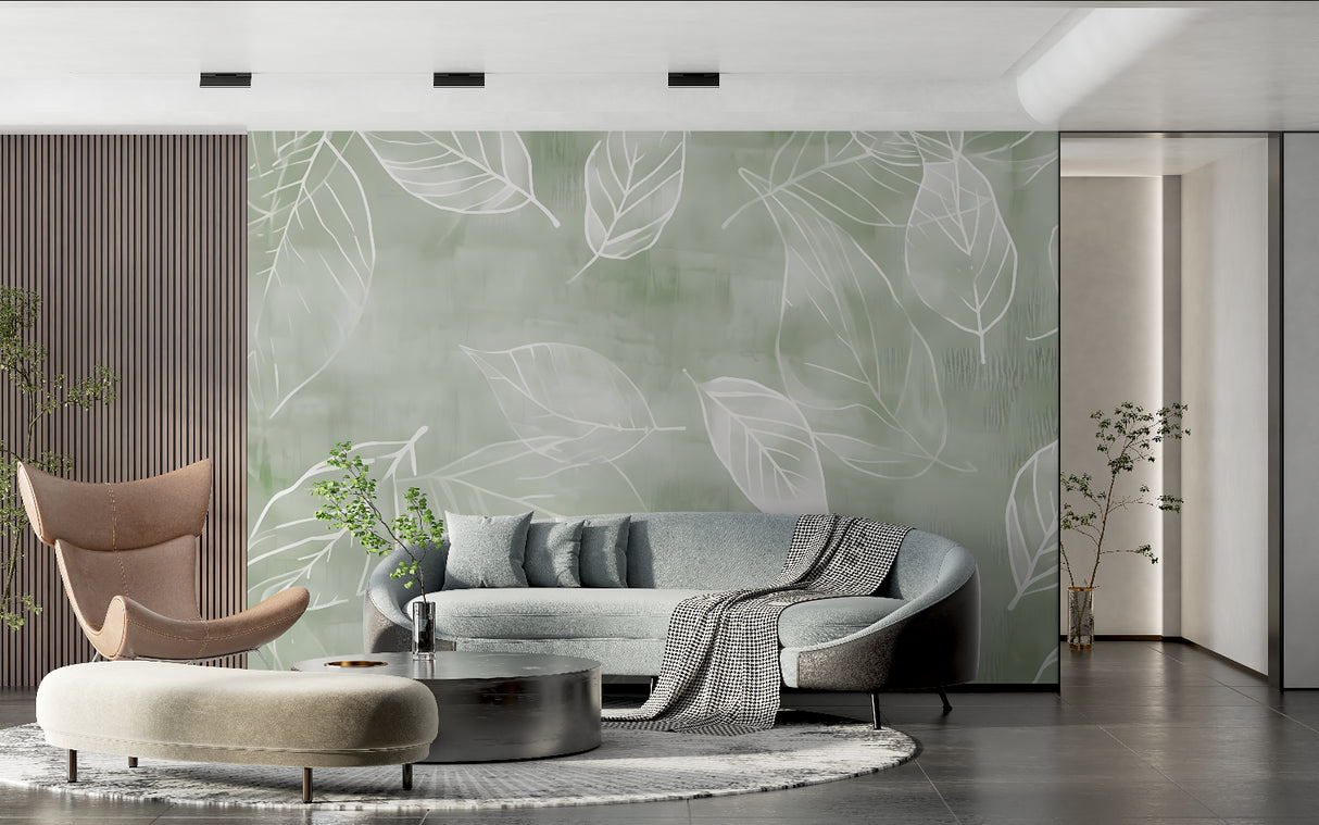 Home office with sage green botanical wallpaper creating calm workspace