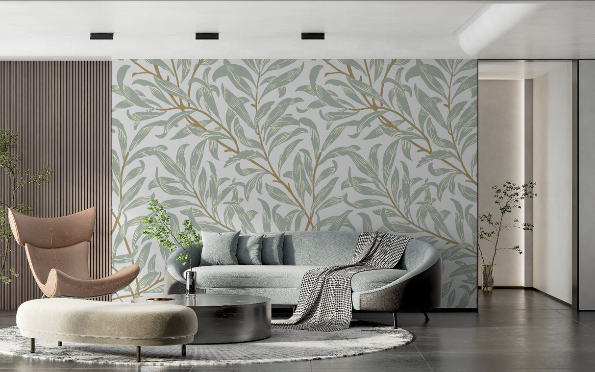 Botanical sage green wallpaper in a bright modern living room creating a fresh natural atmosphere