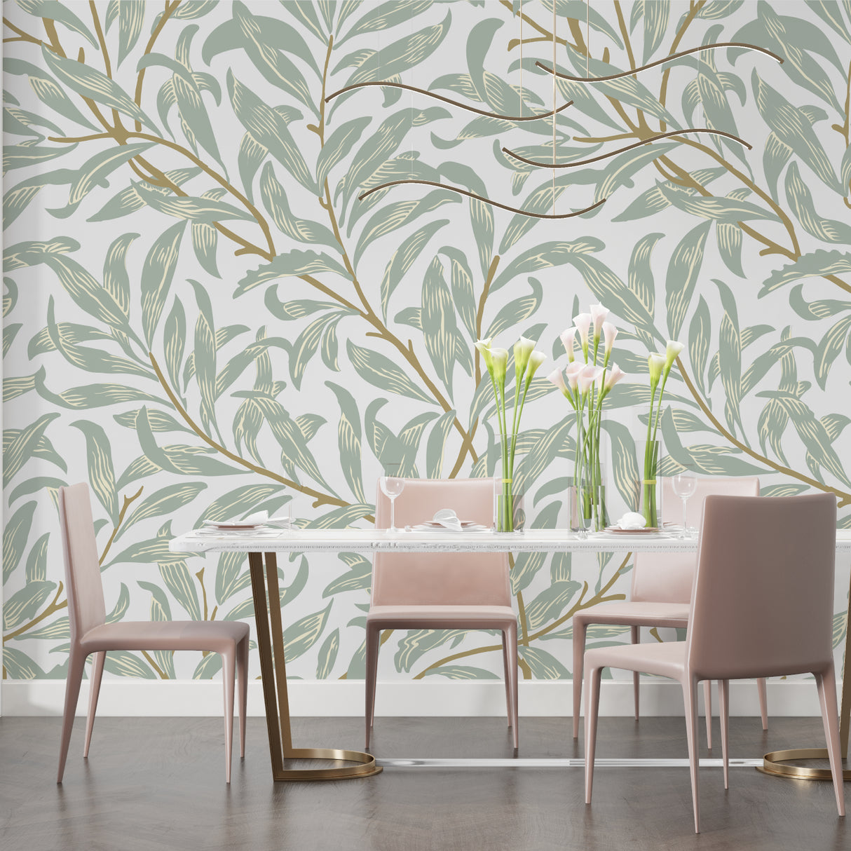 Sage green leaf pattern wallpaper in a serene bedroom setting with morning light