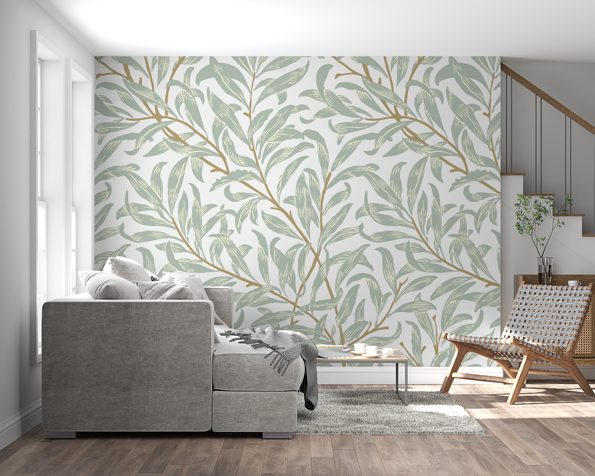 Green botanical wallpaper creating a peaceful atmosphere in an entrance hallway