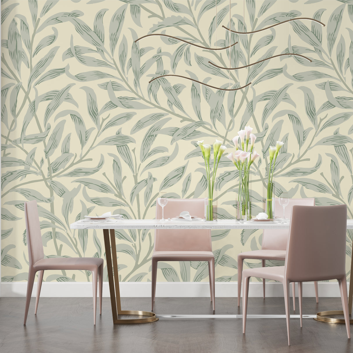 Botanical wallpaper mural in modern living room creating a fresh, natural atmosphere