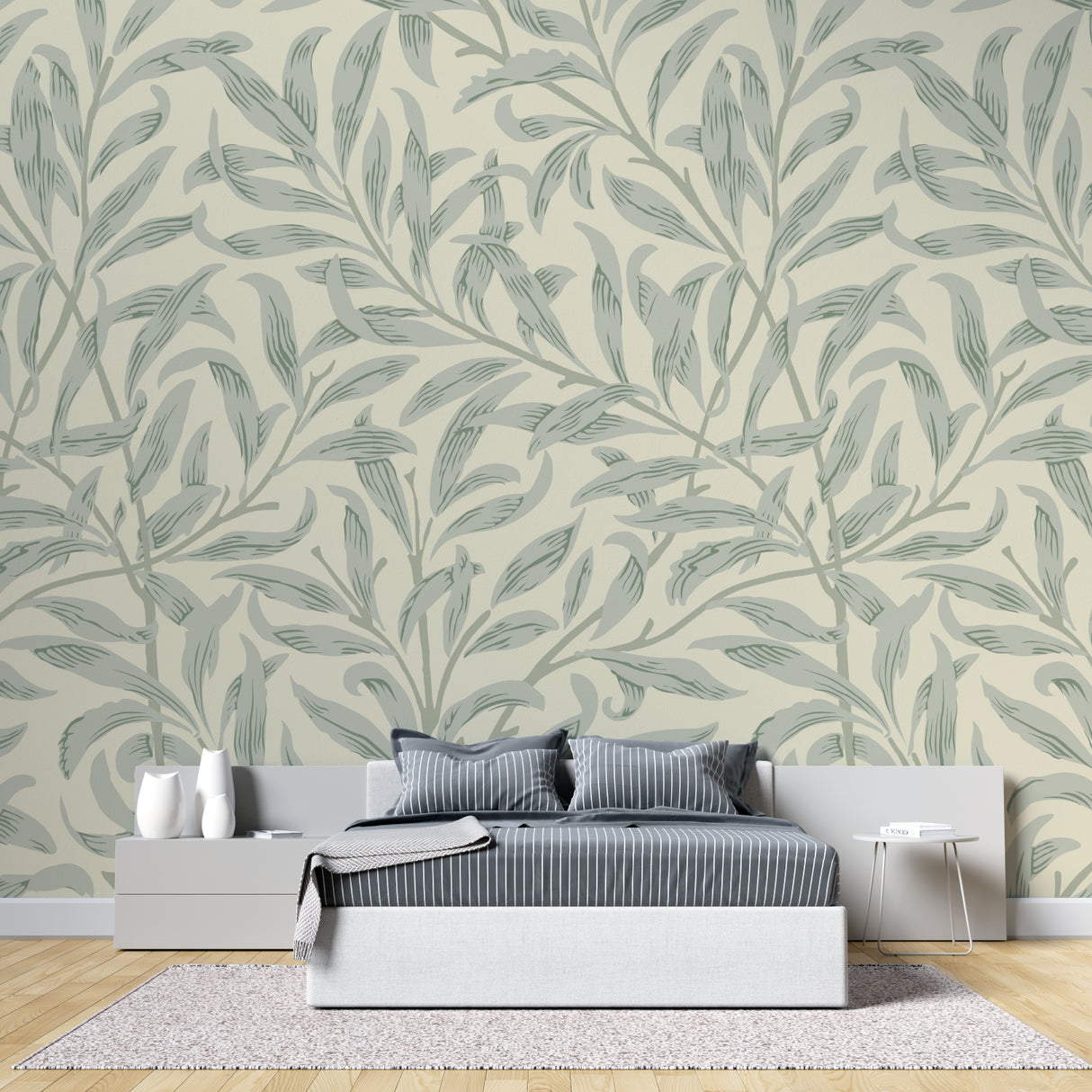 Green botanical wallpaper adding depth to a home office setting