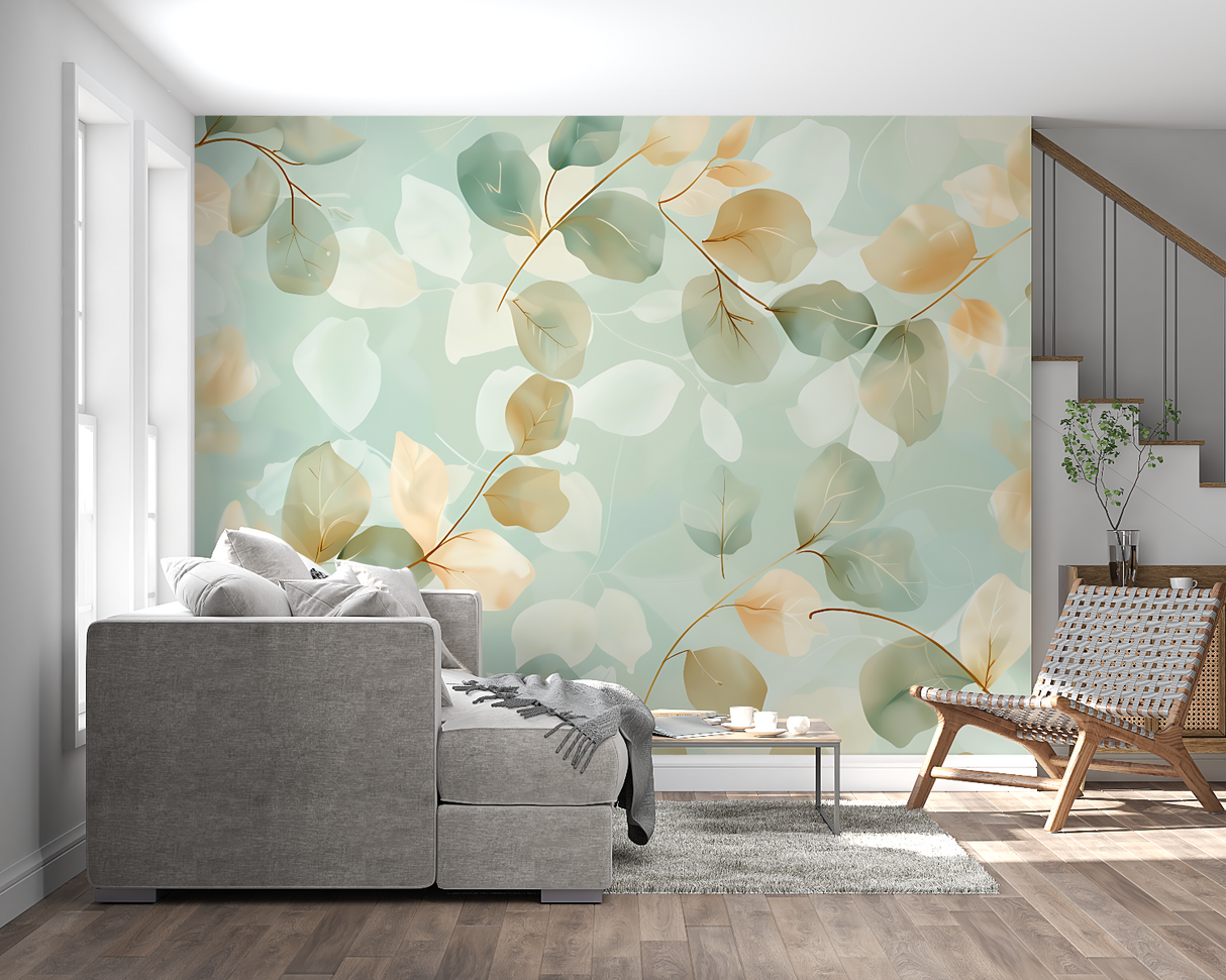 Botanical leaf mural in bedroom showing soft mint green and gold tones
