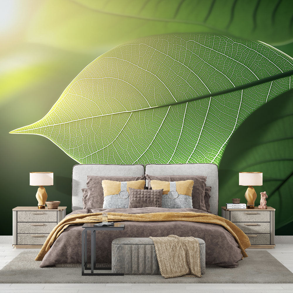 Botanical leaf wallpaper creating a serene atmosphere in a modern living room with natural light streaming through windows