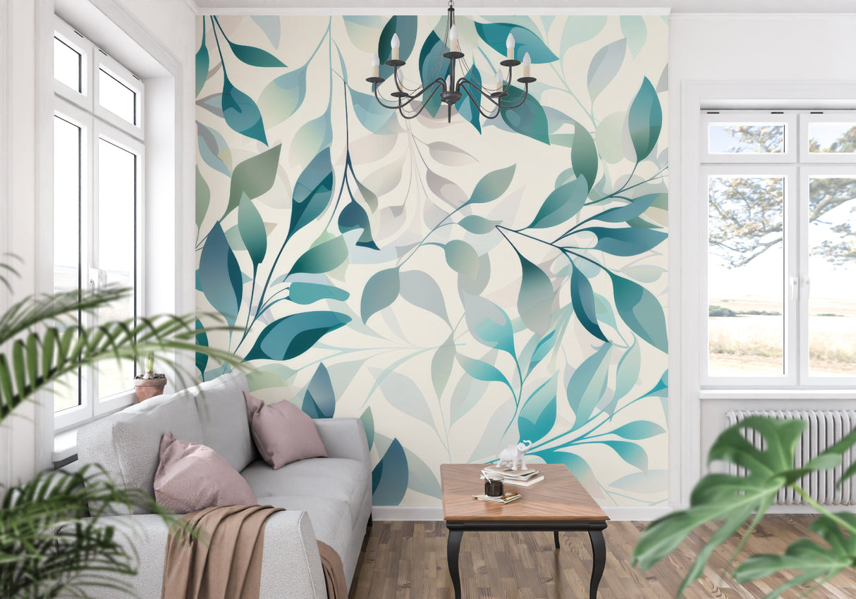 Teal botanical wallpaper in modern living room creating fresh atmosphere