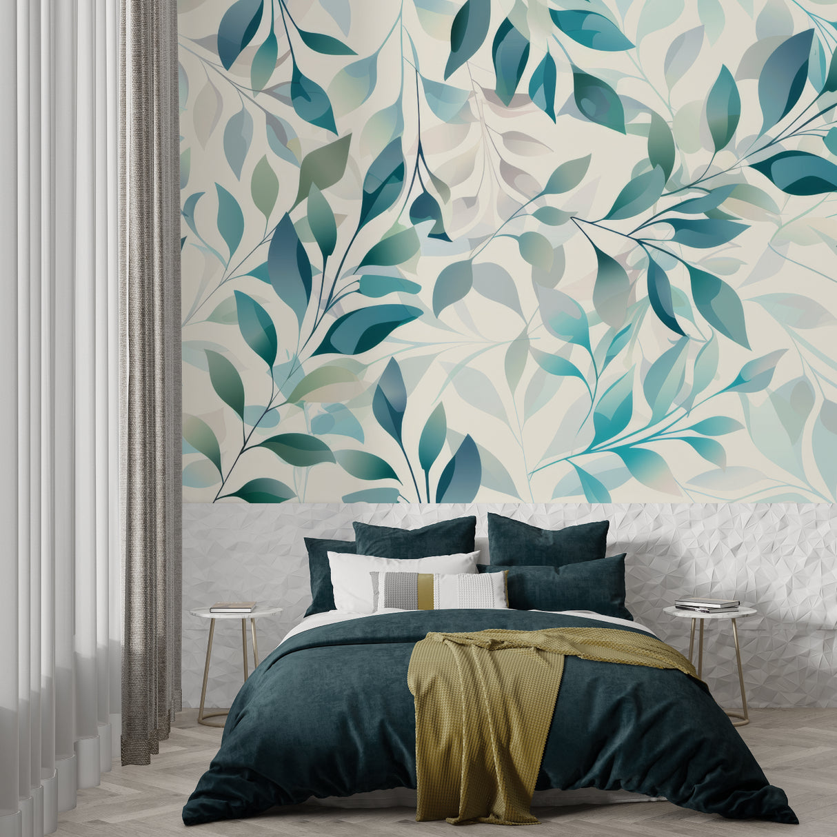 Botanical leaf wallpaper in master bedroom with morning light