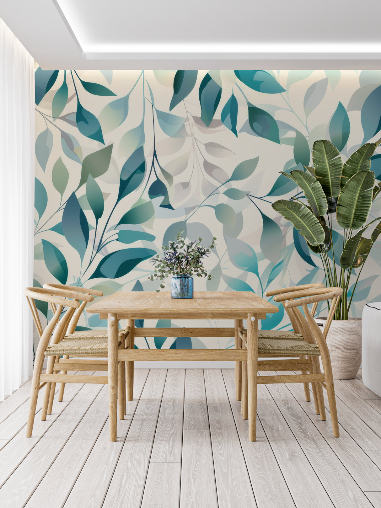 Teal leaves wallpaper in home office with natural lighting