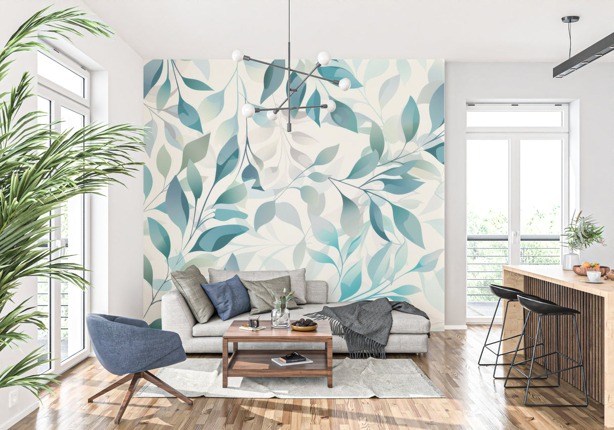 Nature-inspired teal wallpaper in dining room setting