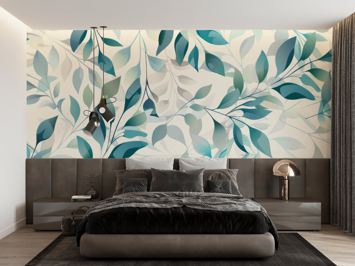 Botanical wall mural in contemporary entrance hall