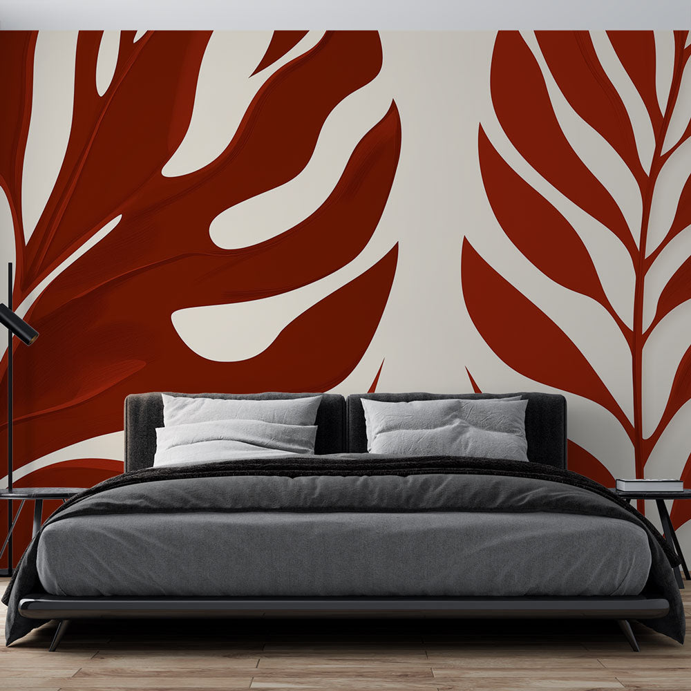 Modern terracotta leaf wallpaper mural in a bright living room with natural light streaming through large windows