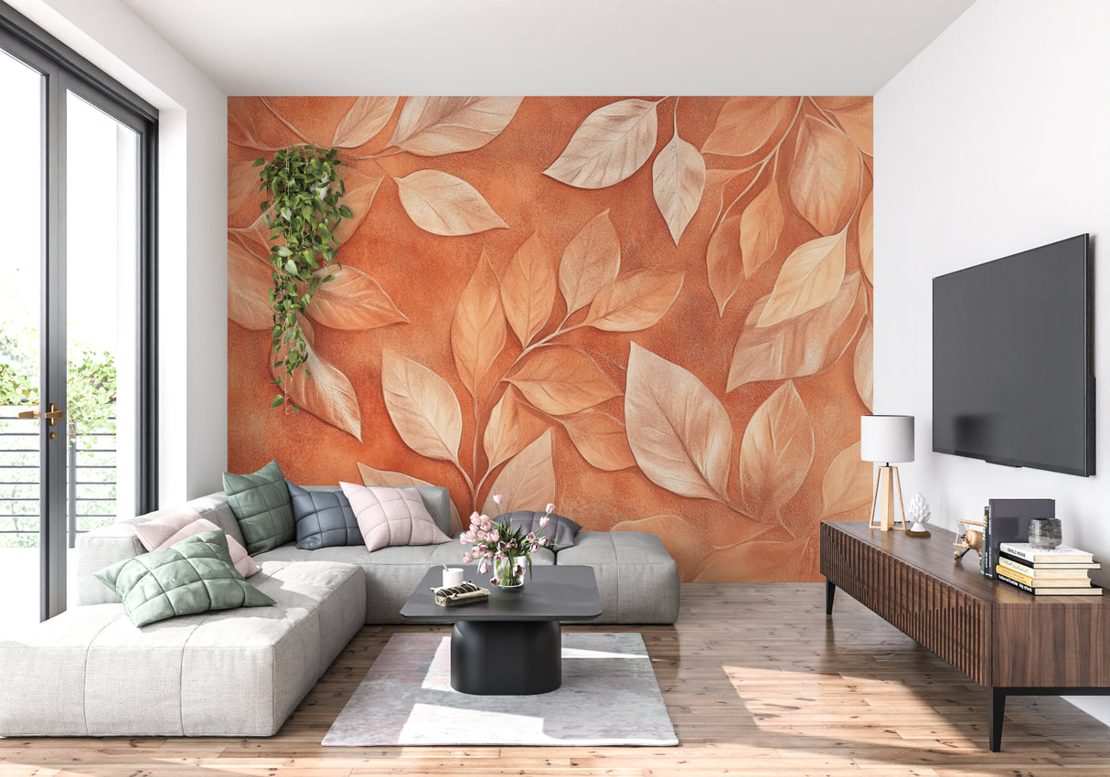 Nature-inspired wallpaper featured in a cozy dining room setting