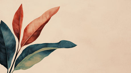 Botanical leaf wallpaper in terracotta and teal colors creating a modern statement wall in a bright living room setting