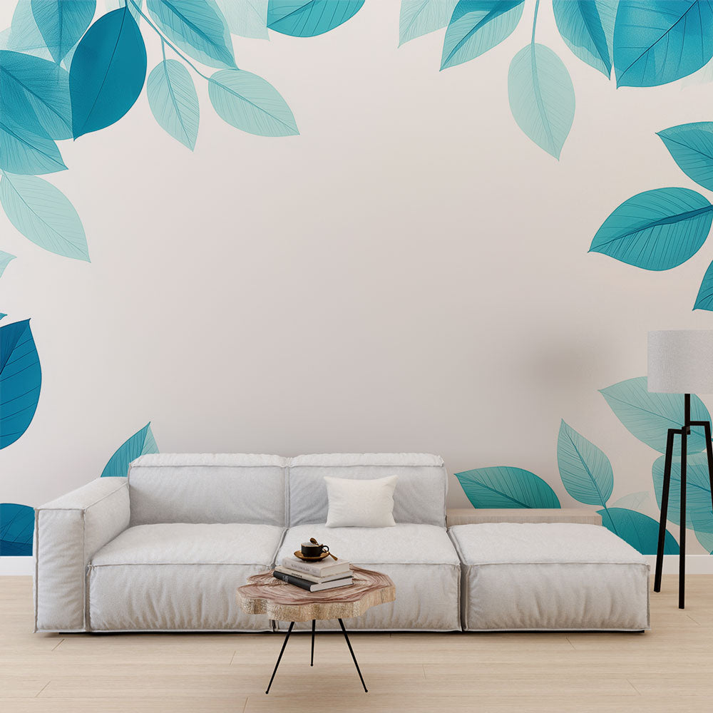 Blue botanical leaf wallpaper creating a serene atmosphere in a modern living room with natural light