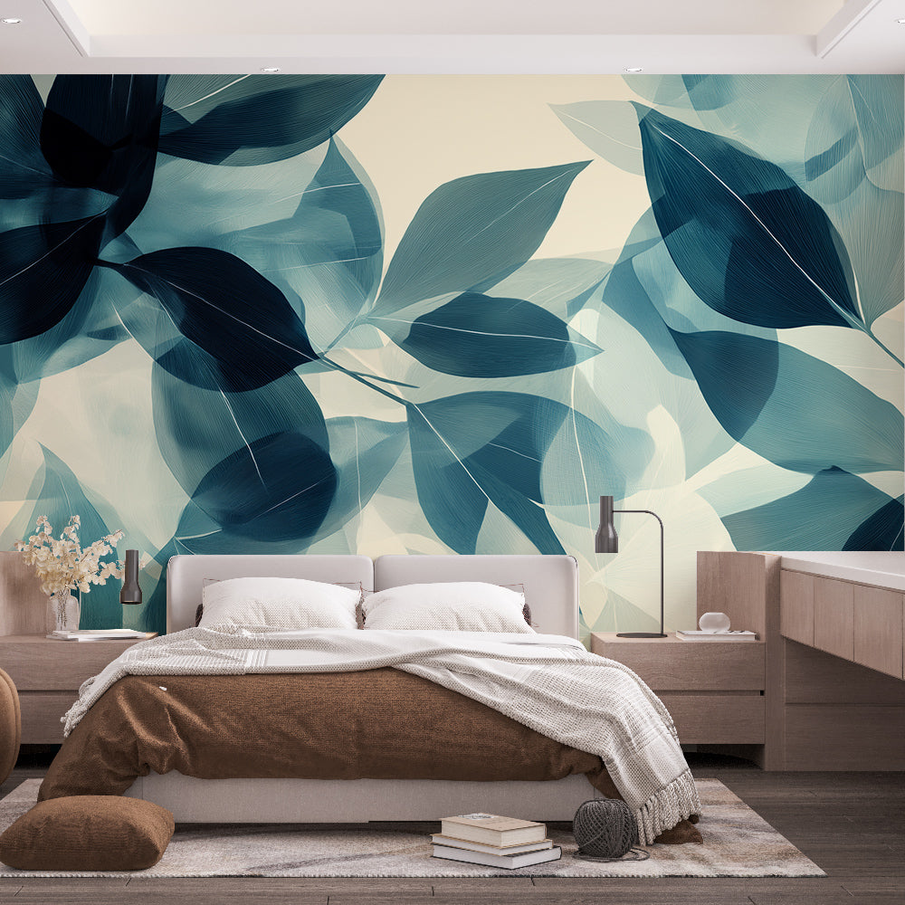 Blue botanical wallpaper mural creating a peaceful atmosphere in a modern living room with natural light