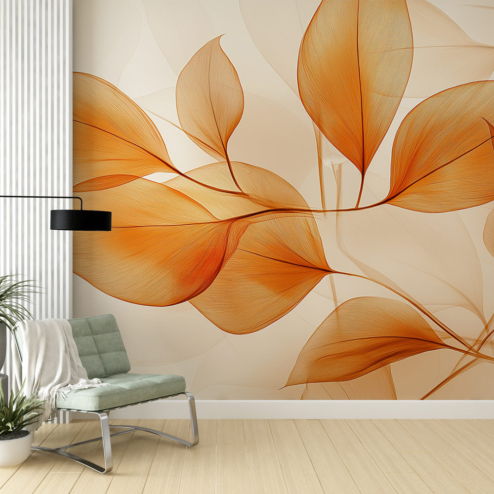 Orange leaf wallpaper mural in a bright modern living room, creating a warm and inviting atmosphere with natural light