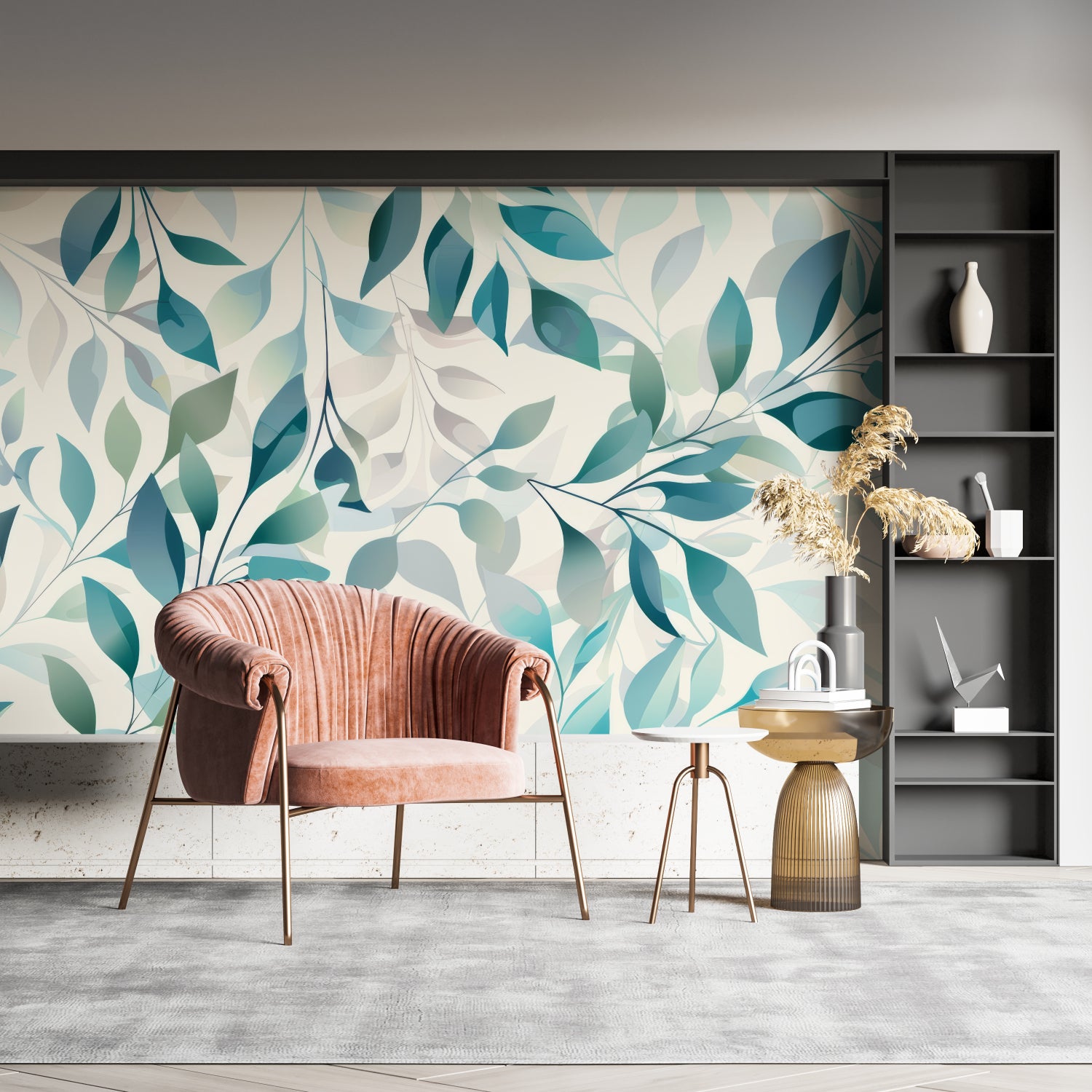 Botanical wall mural in home office showing turquoise and sage leaves detail