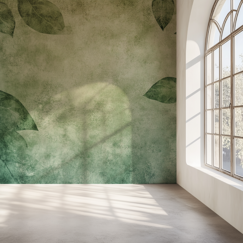 Vintage Green Leaf Wallpaper creating a fresh atmosphere in modern living room with natural light