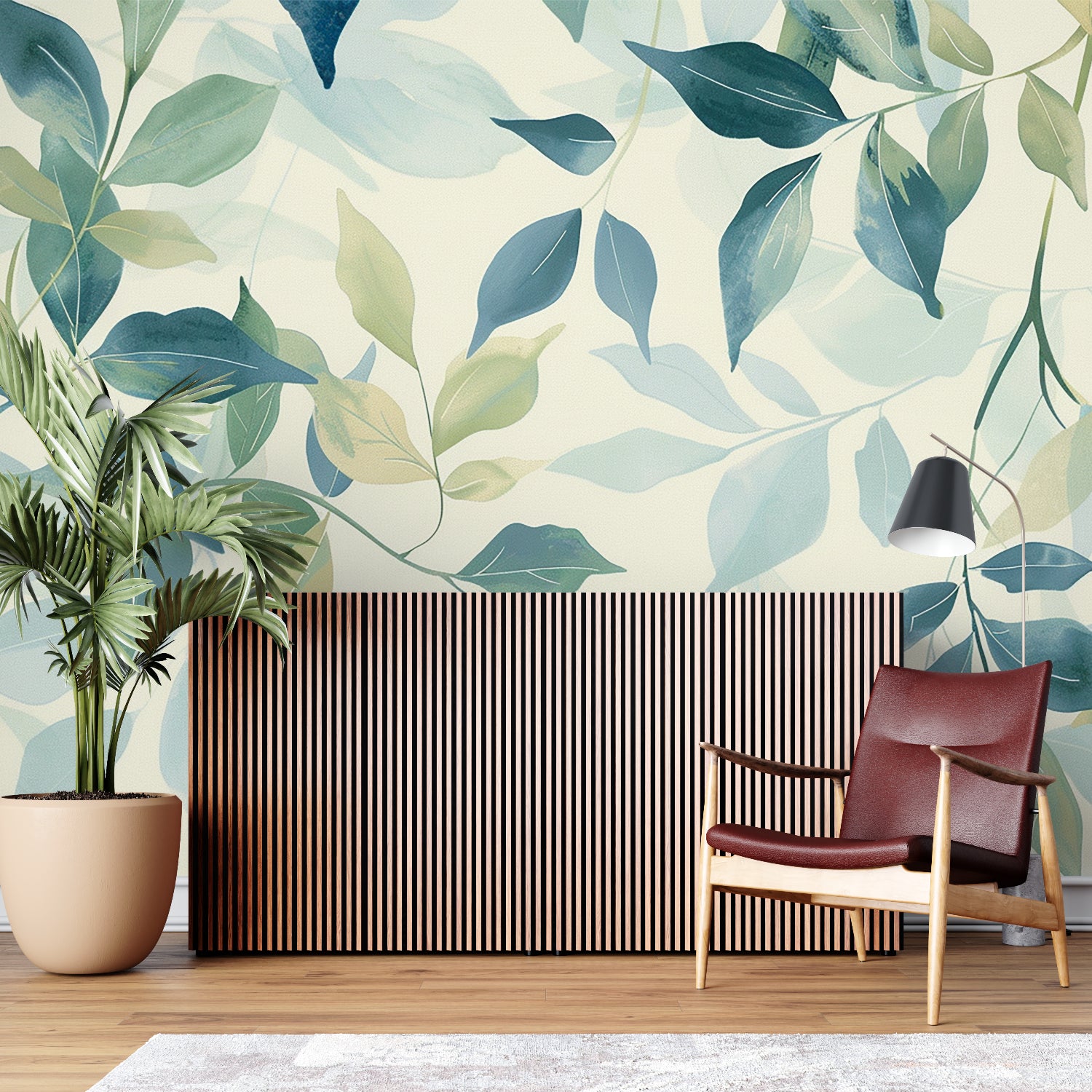 Watercolor foliage mural adding peaceful vibes to a home office space