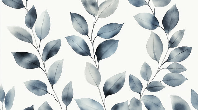 Blue botanical wallpaper mural in modern living room showcasing watercolor leaf pattern creating a fresh, airy atmosphere