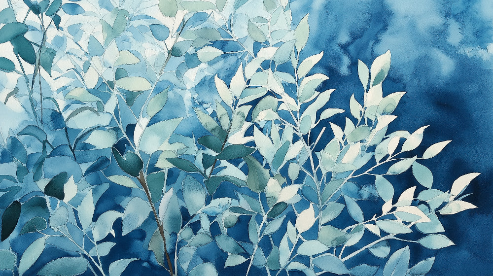 Watercolor blue leaves design file showing detailed botanical pattern and color gradients