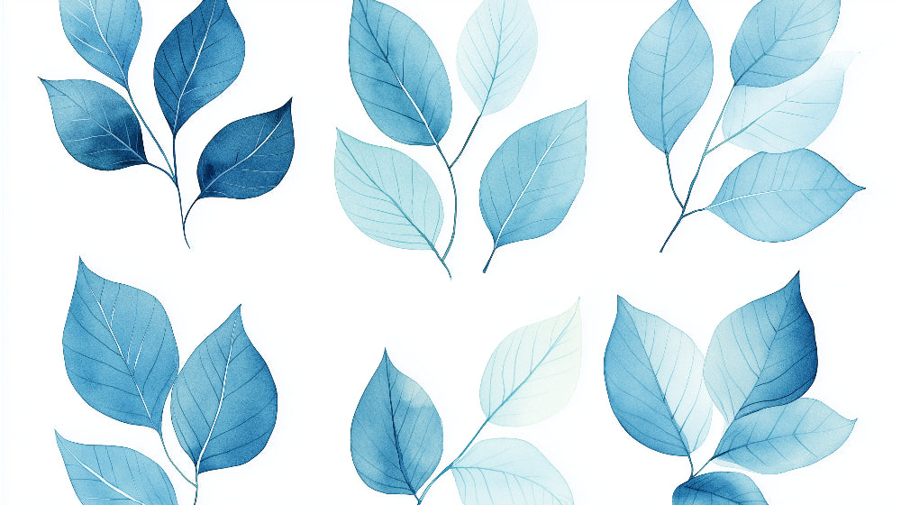 Watercolor blue leaves design file showing detailed botanical pattern with flowing arrangement