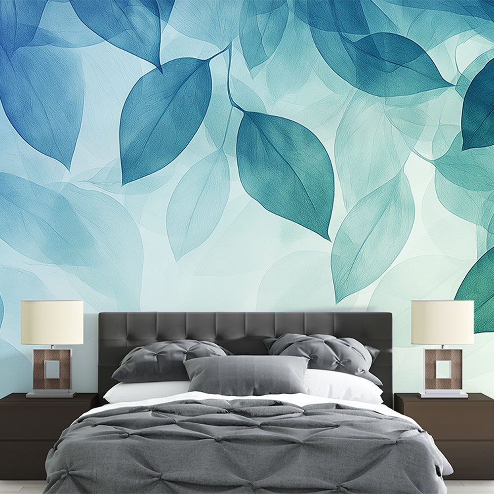 Blue watercolor leaf wallpaper mural in modern living room with natural light highlighting the translucent botanical design
