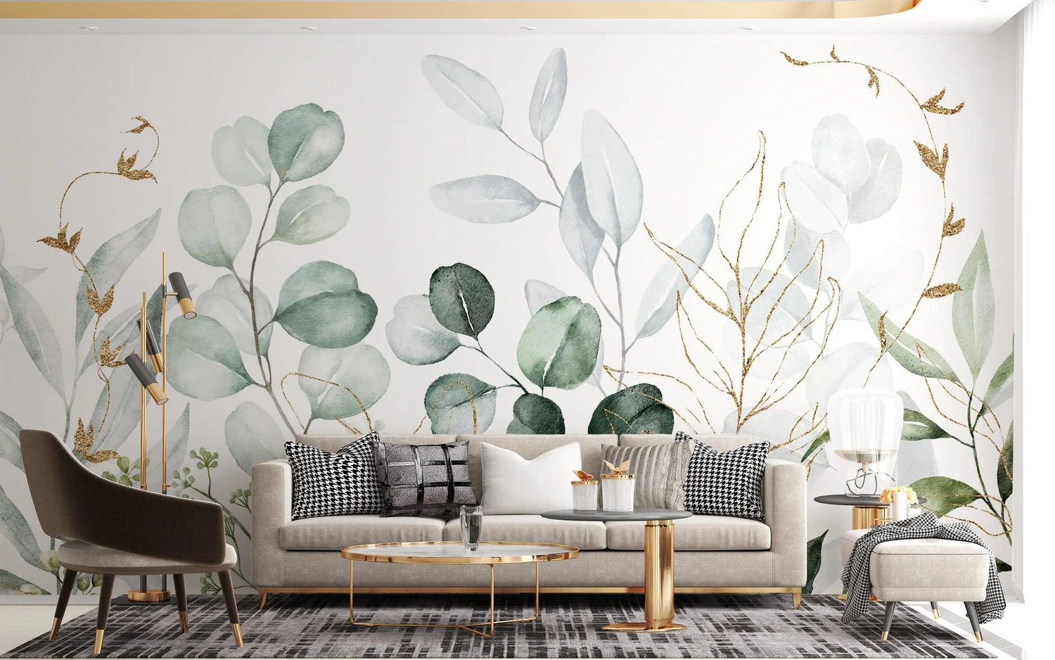 Botanical wallpaper with gold-traced eucalyptus leaves creating a calm atmosphere in a modern living room