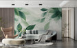Green leaf wallpaper in modern living room showing watercolor botanical design